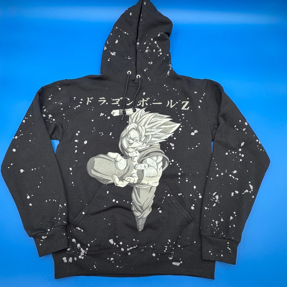 Dragon Ball Z Anime Graphic Hoodie Black White Splatter Print Pullover Size S